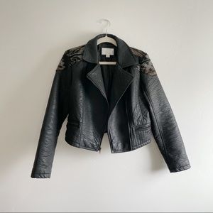 Faux Leather Jacket w/ Woven Southwestern Detail